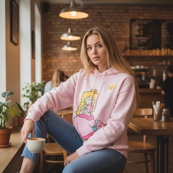 NEW Official Nintendo Princess Peach Pink Hoodie - Gamer Girl S - XL – Soft Pink - Picture 9 of 11